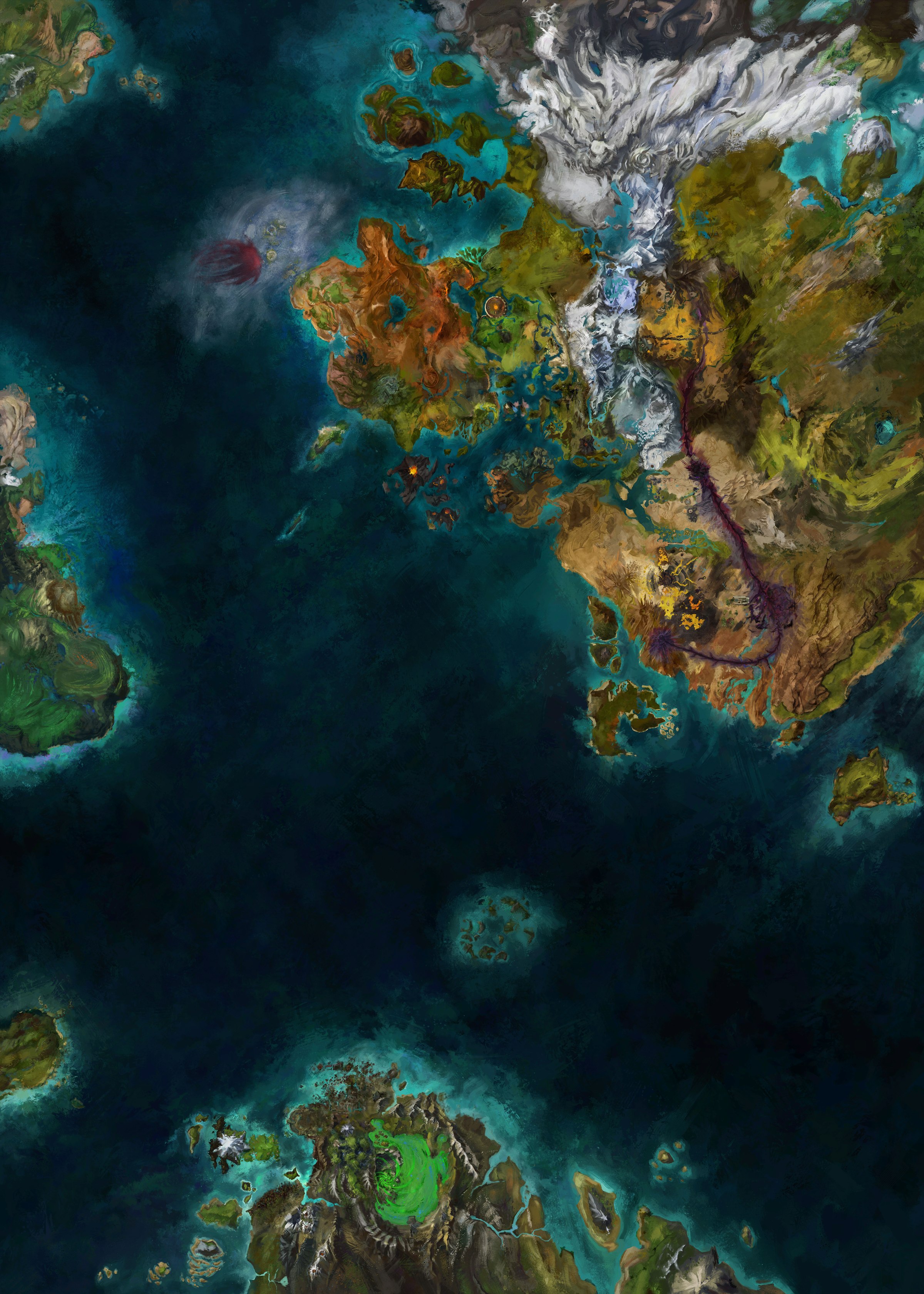 Carte peinte de la Tyrie : continent au nord-est, archipels à l'ouest et au sud